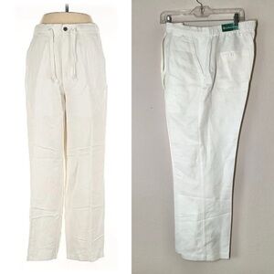 NWT White Linen Blend Trouser Pants Straight Leg Pockets Vacation Beach Resort L